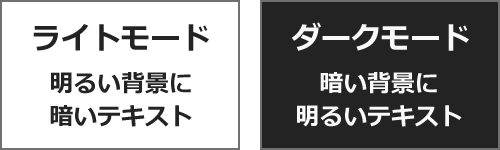 ライトモード：明るい背景に暗いテキスト、ダークモード：暗い背景に明るいテキスト